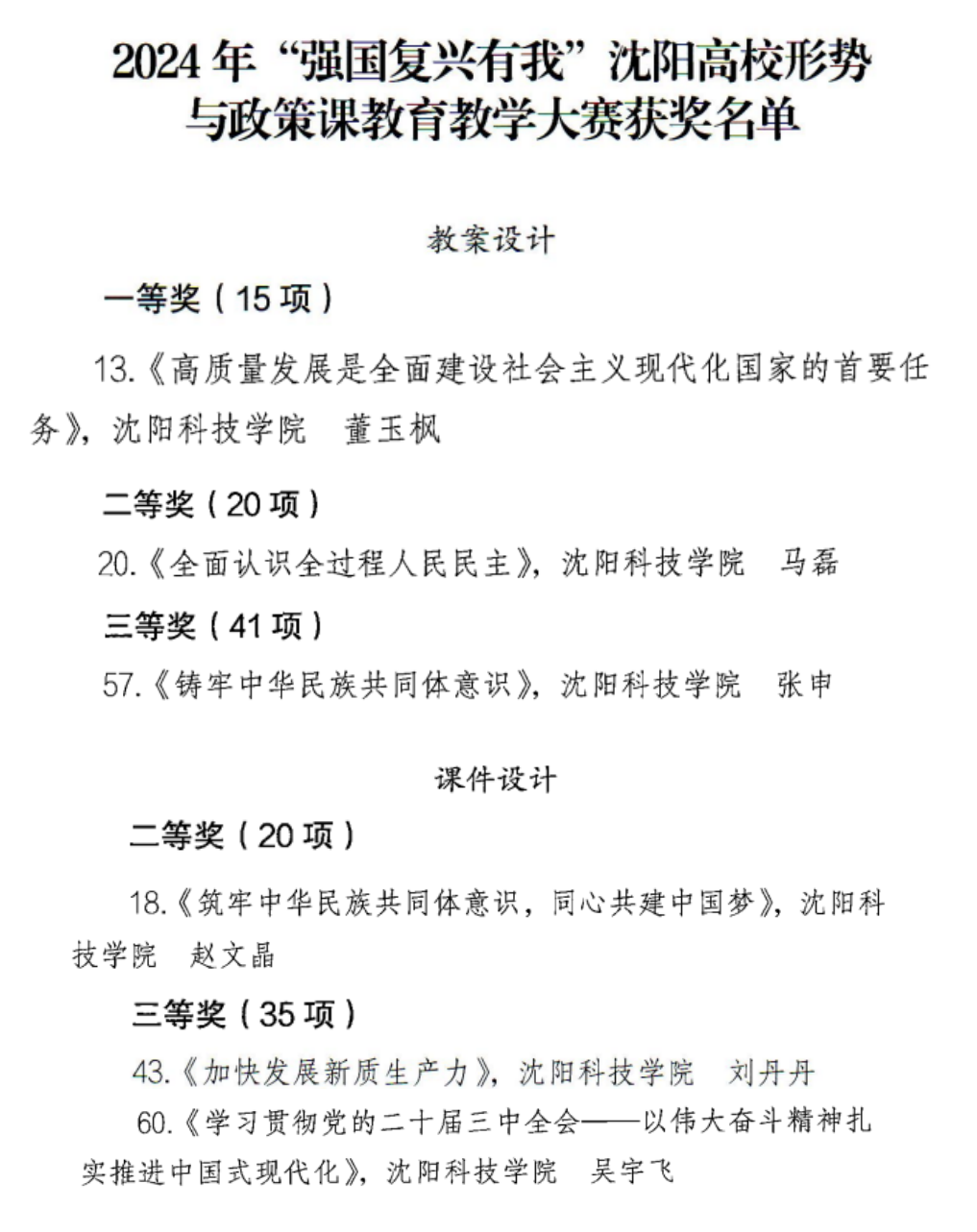 喜报 我校教师在2024年“强国复兴有我”沈阳高校形势与政策课教育教学大赛中获奖